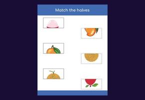 jeu de correspondance. assortir les moitiés de fruits. jeu éducatif pour enfants, feuille de calcul imprimable vecteur