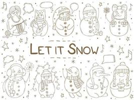ensemble de bonhommes de neige mignons sur fond blanc. illustration vectorielle dans un style doodle. humeur d'hiver. bonjour 2023. joyeux noël et bonne année. vecteur