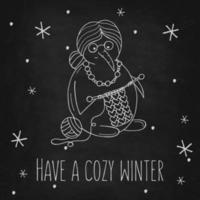 mignon bonhomme de neige avec des flocons de neige sur un tableau noir. illustration vectorielle dans un style doodle. humeur d'hiver. bonjour 2023. joyeux noël et bonne année. vecteur