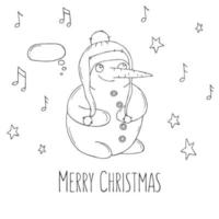 mignon bonhomme de neige avec étoiles et notes sur fond blanc. illustration vectorielle dans un style doodle. humeur d'hiver. bonjour 2023. joyeux noël et bonne année. vecteur