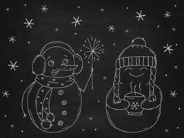 ensemble de bonhommes de neige mignons sur un tableau de craie noire. illustration vectorielle dans un style doodle. humeur d'hiver. bonjour 2023. joyeux noël et bonne année. vecteur