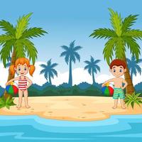 dessin animé enfants avec ballon de plage sur une île tropicale vecteur