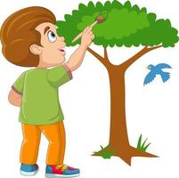 mignon petit garçon peignant un arbre sur le mur vecteur