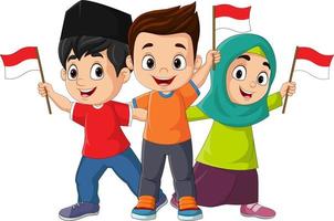 groupe d'enfants tenant un drapeau indonésien vecteur