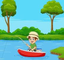 dessin animé garçon pêchant sur un bateau