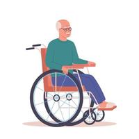 homme senior souriant assis dans son fauteuil roulant. vieux handicapé retraité grand-père homme vecteur