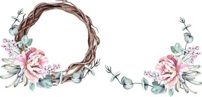 couronne de vigne fleur aquarelle.élégante collection florale ronde botanique de pivoine.design pour invitation, mariage ou cartes de voeux. vecteur