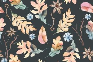motif harmonieux de feuilles d'automne et de plantes tropicales fleuries peintes à l'aquarelle. pour les motifs de tissus et de papiers peints de la forêt.