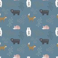 animaux scandinaves mignons, motif sans couture sur fond bleu foncé. fond de dessin animé renard, ours brun et blanc. conception pour tissu, textile, décor. illustration vectorielle pour les vacances d'hiver. vecteur