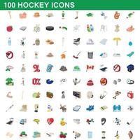 Jeu de 100 icônes de hockey, style dessin animé vecteur