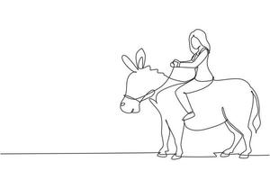continu une ligne dessinant une femme d'affaires à cheval sur un âne. femme d'affaires monte un âne. conduire un âne. concept de réalisation des objectifs. concurrence commerciale. illustration graphique vectorielle de conception à une seule ligne vecteur