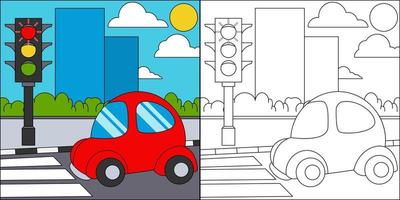 arrêt de voiture aux feux de circulation adapté à l'illustration vectorielle de la page de coloriage pour enfants vecteur