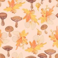 champignons aquarelles et feuilles d'automne modèle sans couture de vecteur