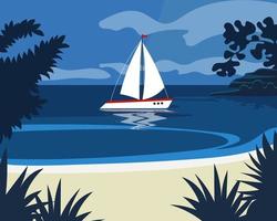 yacht blanc sur la mer, plage et arbres tropicaux, paysage marin. illustration de vacances et de voyage, vecteur