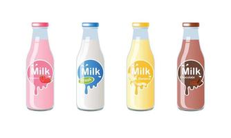 bouteille de lait avec modèle d'étiquette de fraise, de lait frais, de banane et de lait au chocolat vecteur