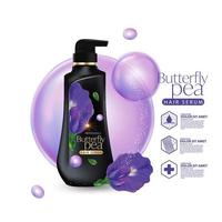 produits d'emballage conception de soins capillaires aux pois papillons bouteilles de shampooing. vecteur