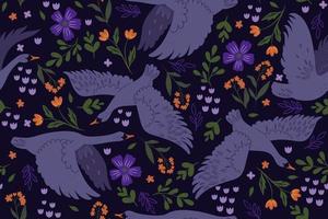 modèle sans couture avec des cygnes volants et des fleurs. graphiques vectoriels. vecteur