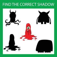 trouver l'ombre correcte avec des monstres colorés. jeu éducatif pour enfants. vecteur