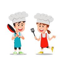 deux petits enfants heureux utilisent les attributs du chef vecteur