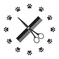 Peigne et ciseaux de coupe de cheveux animal emblème dans un cercle vecteur