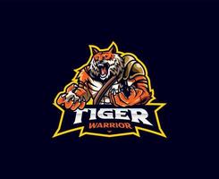 création de logo de mascotte de guerrier tigre. illustration vectorielle de tigre guerrier. illustration de logo pour la mascotte ou le symbole et l'identité, l'emblème de l'équipe de jeux sportifs ou e-sports vecteur