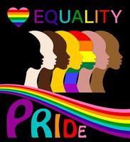 égalité, mois de fierté, silhouettes de personnes et ensemble lgbtq, logo vectoriel de portrait de personnes pour site Web, concept de bannière gay pride, vecteur de signe arc-en-ciel coloré isolé sur fond noir
