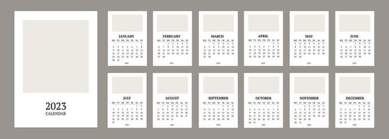 calendrier mensuel classique pour 2023. un calendrier dans le style du minimalisme de forme carrée. modèle de calendrier avec une place pour une photo ou votre conception vecteur