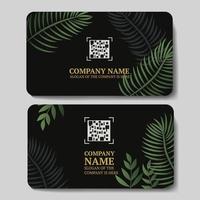 cartes de visite noires avec des feuilles de palmier vertes, avec une place pour un code qr, pour votre entreprise ou votre marque, illustration vectorielle. vecteur