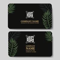 cartes de visite noires avec des feuilles de palmier vertes, avec une place pour un code qr, pour votre entreprise ou votre marque, illustration vectorielle. vecteur