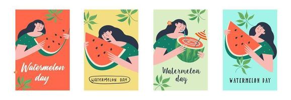 jour de la pastèque. bannière vectorielle amusante festive. un ensemble d'affiches aux couleurs vives avec des pastèques. vecteur