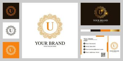 lettre u création de modèle de logo de cadre de fleur d'ornement de luxe avec carte de visite. vecteur