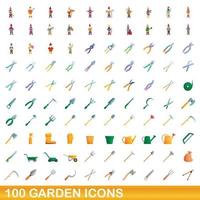 Ensemble de 100 icônes de jardin, style dessin animé vecteur