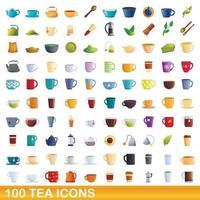 Ensemble de 100 icônes de thé, style cartoon vecteur