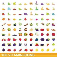 Ensemble de 100 icônes de vitamines, style dessin animé vecteur