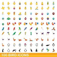 Ensemble de 100 icônes d'oiseaux, style dessin animé vecteur