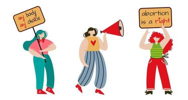 un groupe de femmes protestataires. les filles féministes tiennent une bannière, parlent dans un mégaphone. l'avortement est un droit, une manifestation contre la discrimination, le sexisme. illustration vectorielle plane, personnes au rallye vecteur