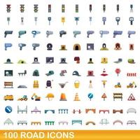 Ensemble de 100 icônes de route, style cartoon vecteur