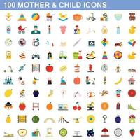 Ensemble de 100 icônes mère et enfant, style plat vecteur