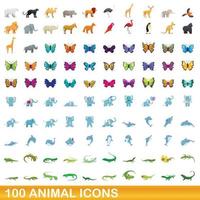 Ensemble de 100 icônes d'animaux, style dessin animé