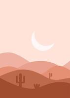 illustration vectorielle de désert paysage plat. illustration de paysage de désert et de cactus au coucher du soleil. montagnes et cactus en style cartoon plat. vecteur