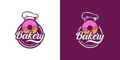 emblème insigne timbre autocollant boulangerie création de logo avec beignet et chapeau de chef vecteur