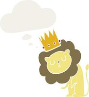 lion de dessin animé avec couronne et bulle de pensée dans un style rétro vecteur