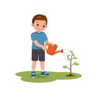 mignon petit garçon arrosant des fleurs de plantes dans le pot avec arrosoir dans le jardin vecteur