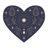 coeur mystique symétrique avec cristaux de contour, soleil avec rayons, brindilles et un coeur. élément décoratif pour les cartes de la saint-valentin, conception d'emballage. illustration vectorielle isolée sur fond blanc. vecteur