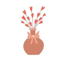 un bouquet de brindilles simples avec des feuilles en forme de cœur dans un vase avec un arc. élément décoratif pour les cartes de la saint-valentin. illustration de vecteur de couleur plat simple isolé sur fond blanc.