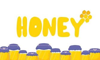 belle affiche, bannière avec pot plein de miel. inscription en nid d'abeille miel. images vectorielles dans un dessin animé, style plat. illustrations dessinées à la main. le concept de collecte et de vente de miel vecteur