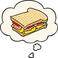 sandwich au jambon de dessin animé et bulle de pensée dans le style de la bande dessinée vecteur