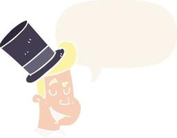 homme de dessin animé portant un chapeau haut de forme et une bulle de dialogue dans un style rétro vecteur