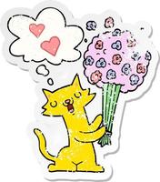 chat de dessin animé amoureux des fleurs et de la bulle de pensée comme un autocollant usé en détresse vecteur