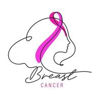 bannière de cancer du sein avec ruban de sensibilisation rose visage de femme dessin au trait continu vecteur